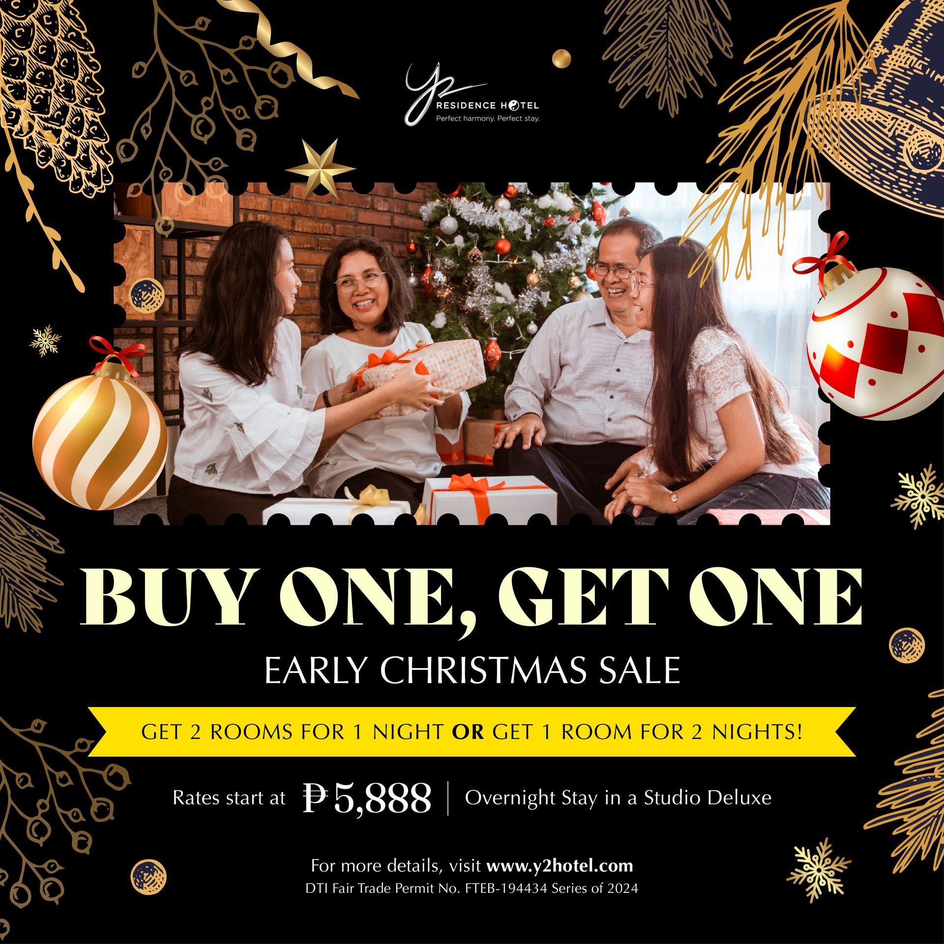 Christmas hotel sale: Family exchanging gifts. Buy one get one deal for studio deluxe rooms starting at P5,888.