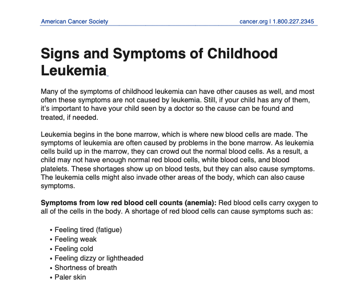 Leukemia symptoms brochure