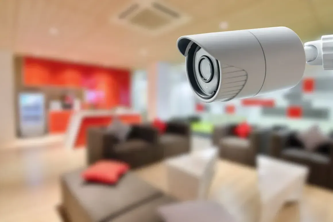 A security camera is hanging from the ceiling in a living room.