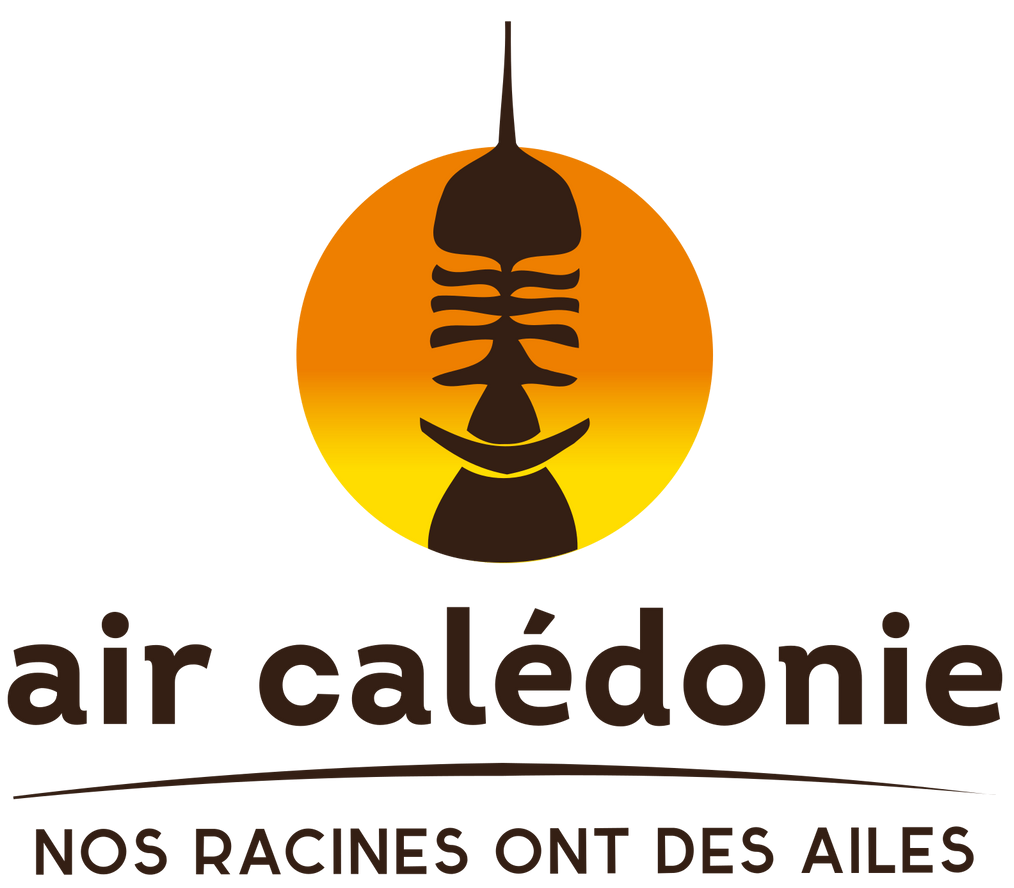 Air Calédonie logo: Brown stylized totem against an orange sunset, text 