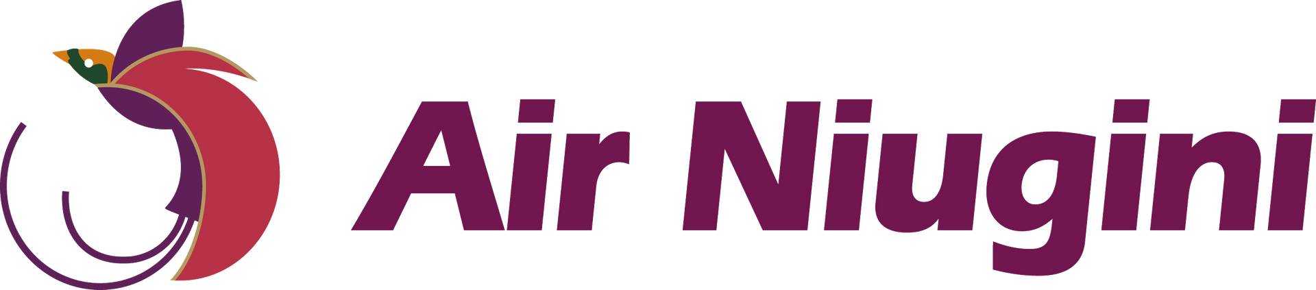 Logo of Air Niugini, maroon text and bird of paradise emblem.