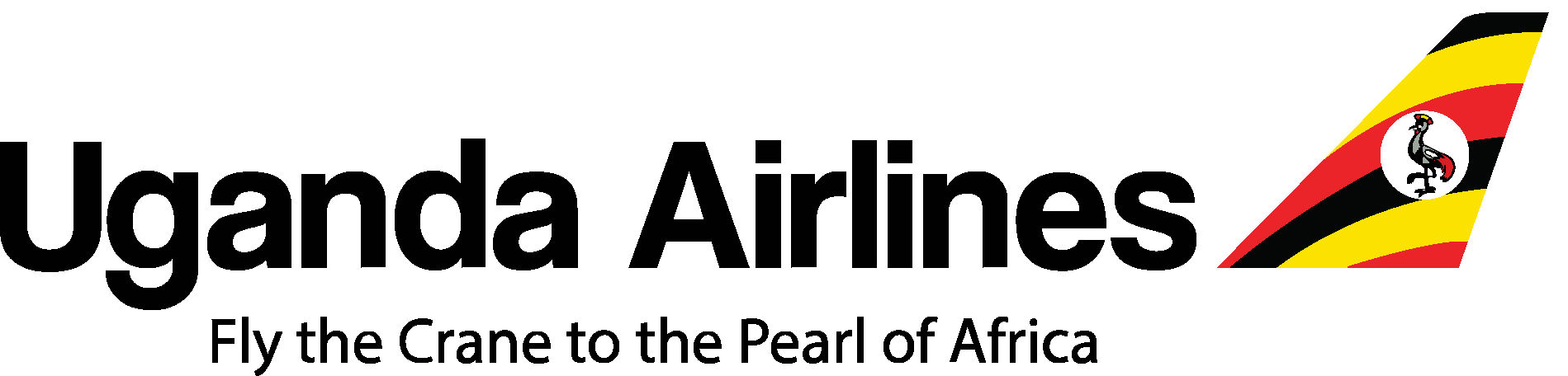 Uganda Airlines logo with a tail design of red, black, and yellow, and a crane icon on a white background.