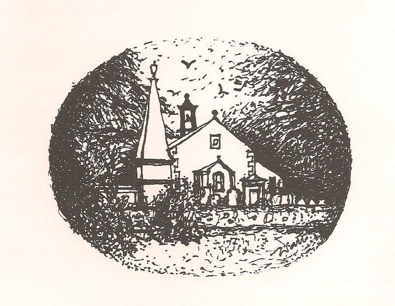 The monument can also be seen on this drawing of the Church by Archie Sutter Watt,