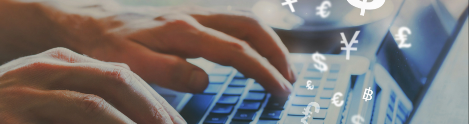 A person is typing on a laptop keyboard with currency symbols coming out of the screen.