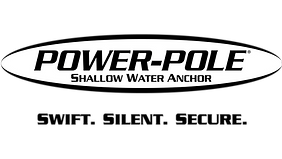 The power pole shallow water anchor logo is black and white.