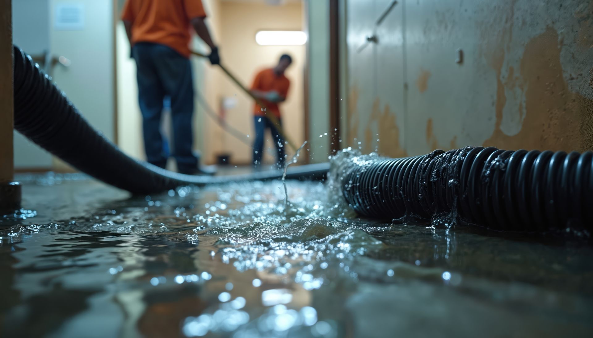 A team performing water damage restoration services to extract water from a flooded room.
