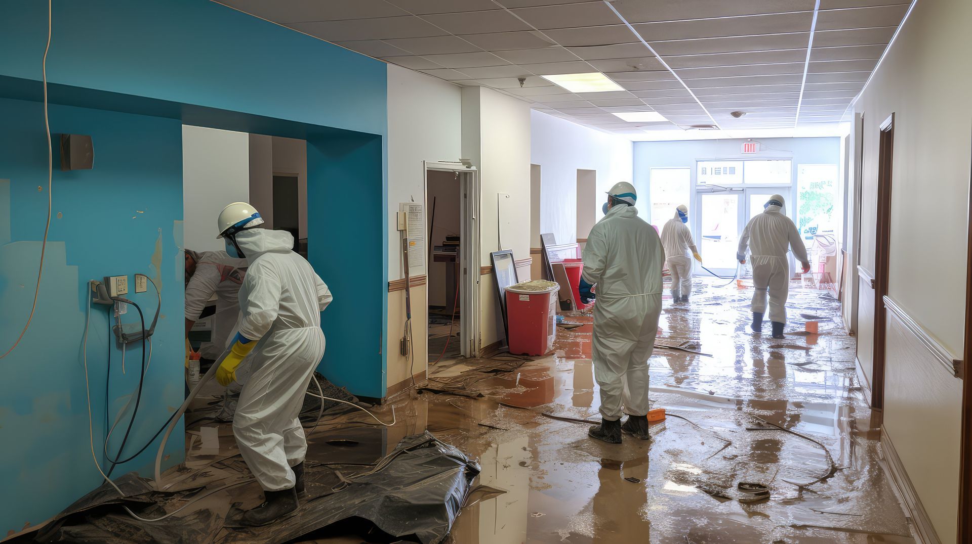 Crew in hazmat suits provide water damage restoration services after major flooding.
