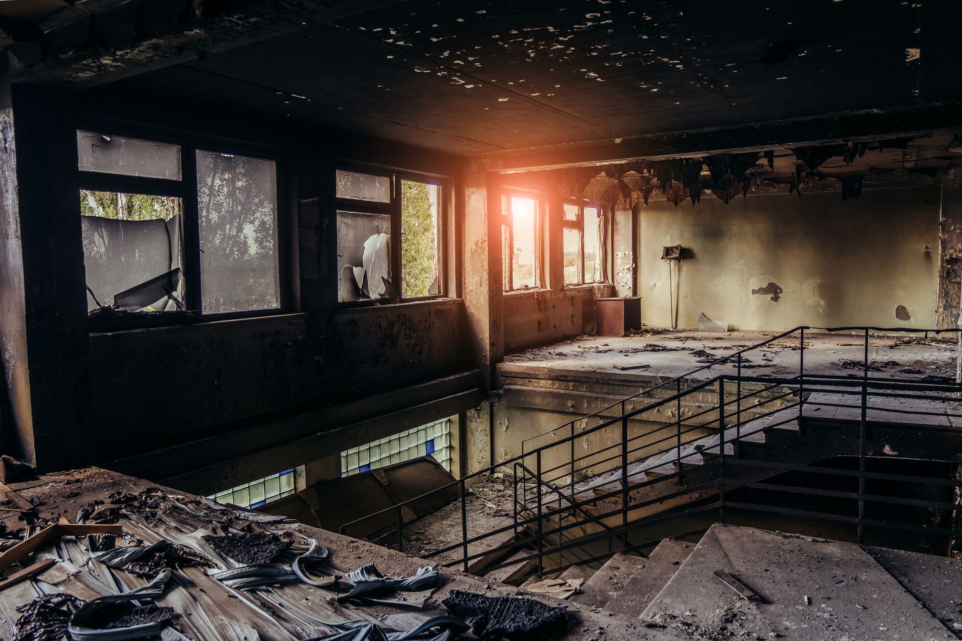 Burned interiors after a fire in an industrial or office building. Burned interiors after a fire in an industrial or office building.