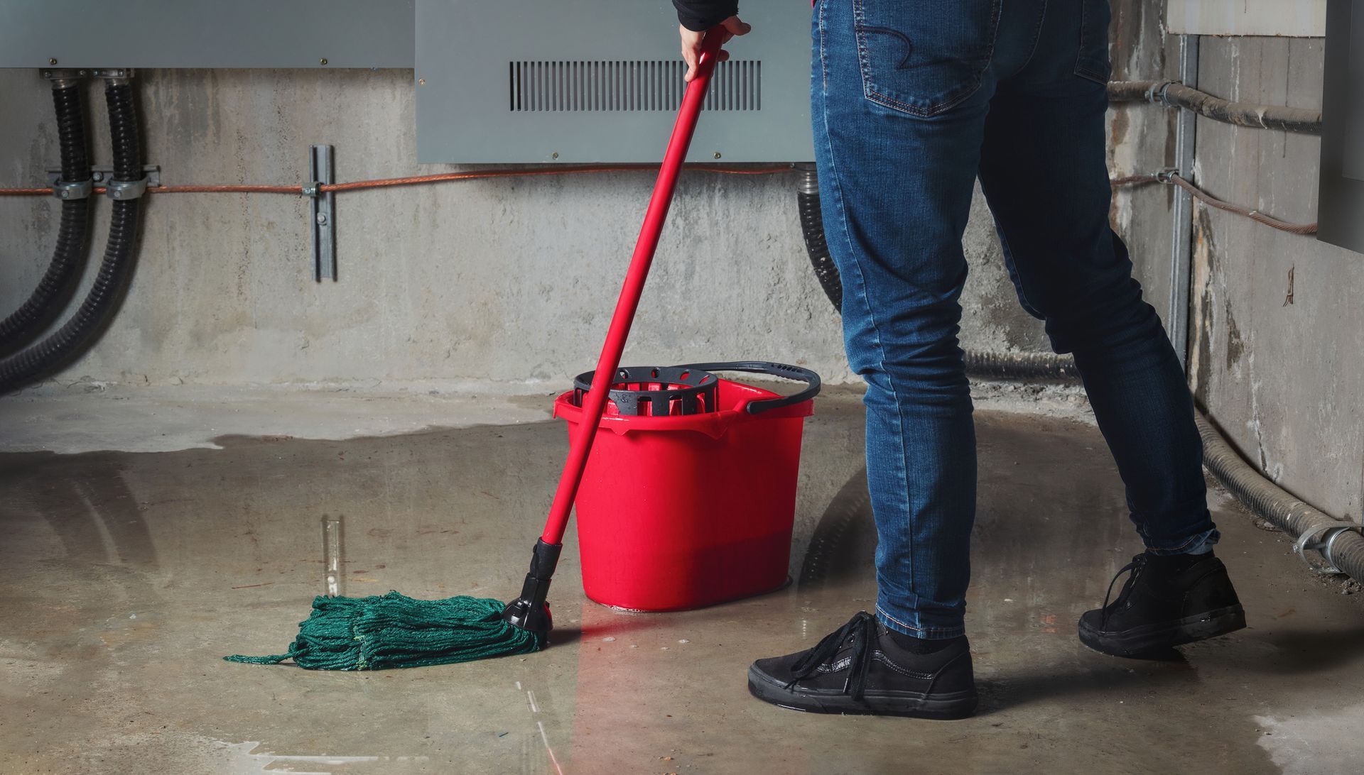Woman cleaning water leak flood in basement.