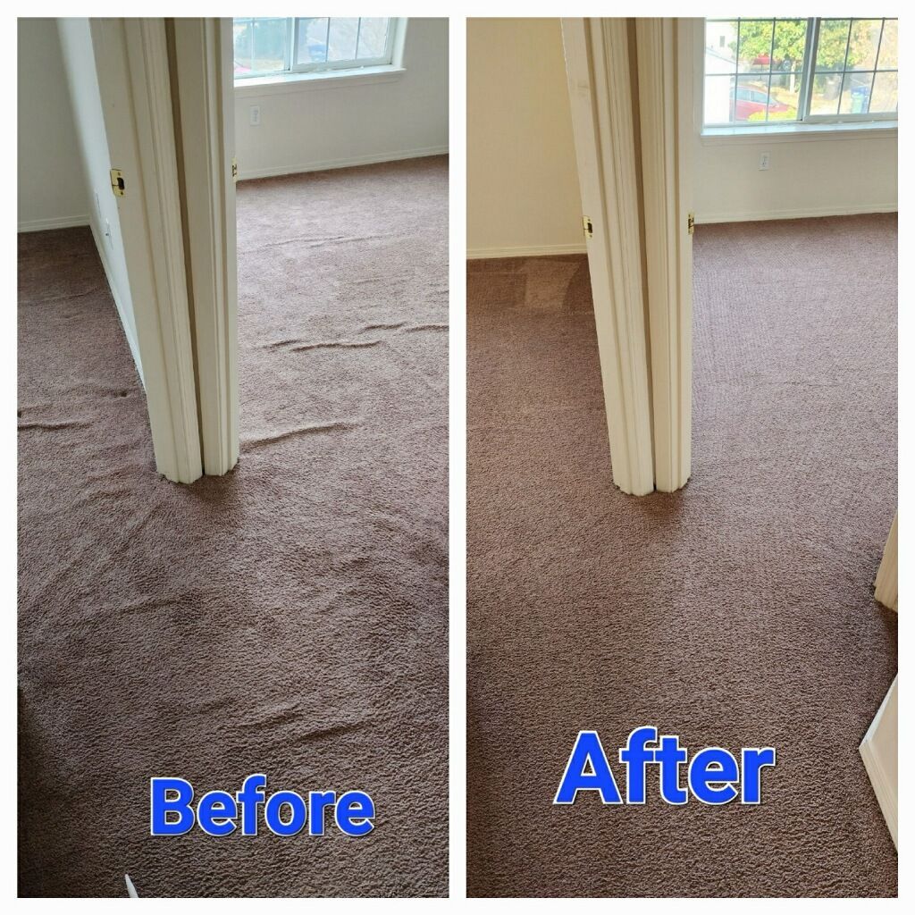 A before and after photo of a carpet in a room.