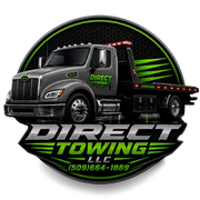 Black semi tow truck logo for Direct Towing LLC with green accents and phone number