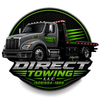 Black semi tow truck logo for Direct Towing LLC with green accents and phone number