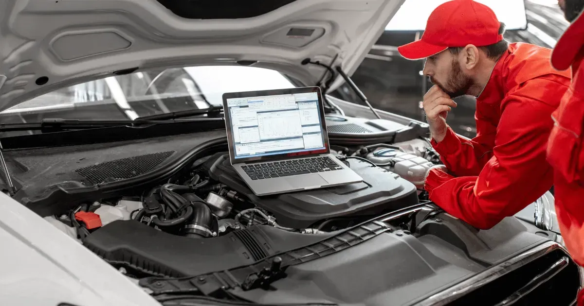 Mechanic using laptop for car diagnostics