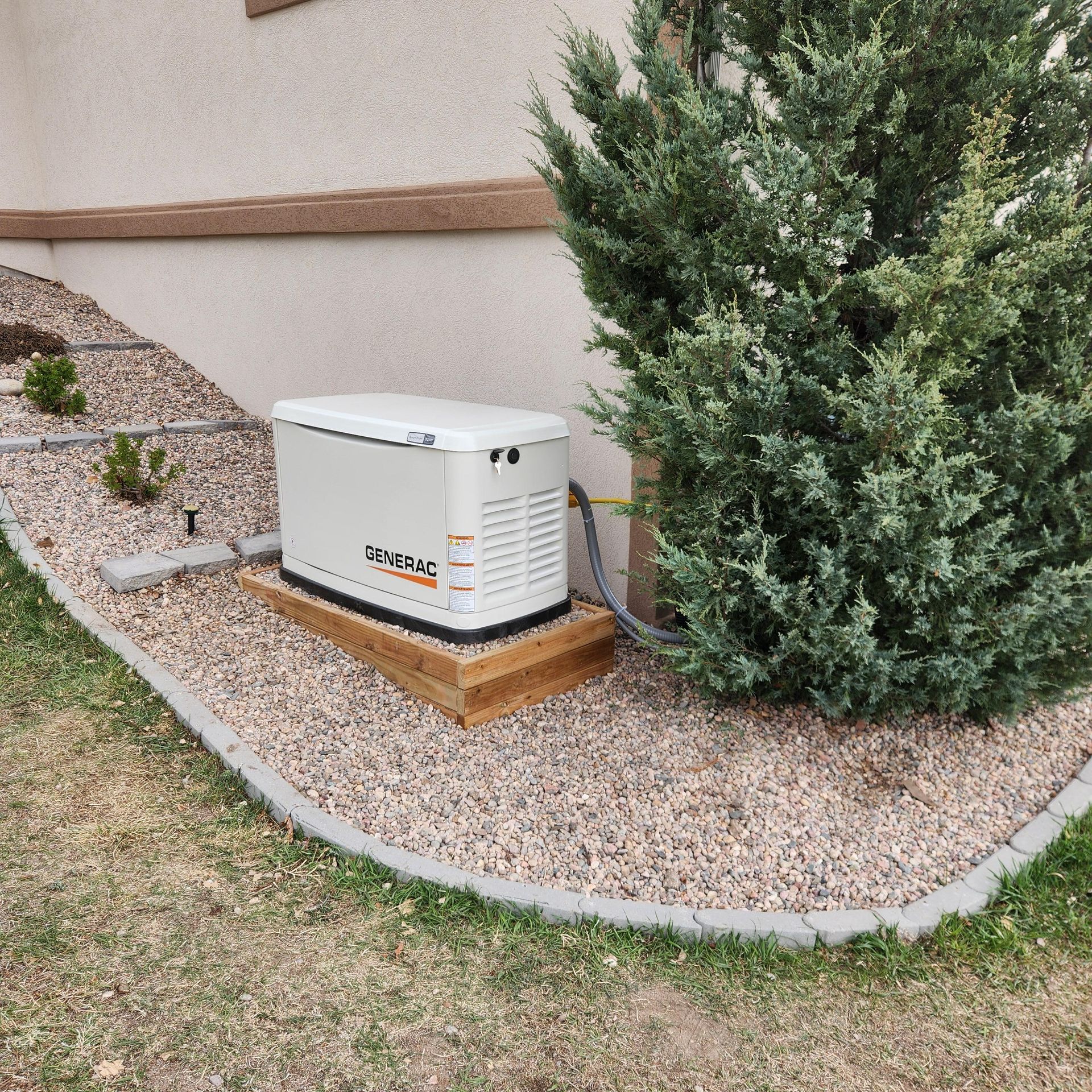 A generator is sitting in the grass next to a tree.