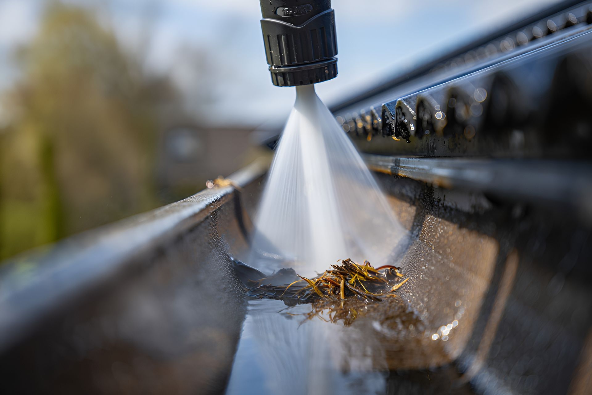 A person in rubber boots power washes a concrete surface.