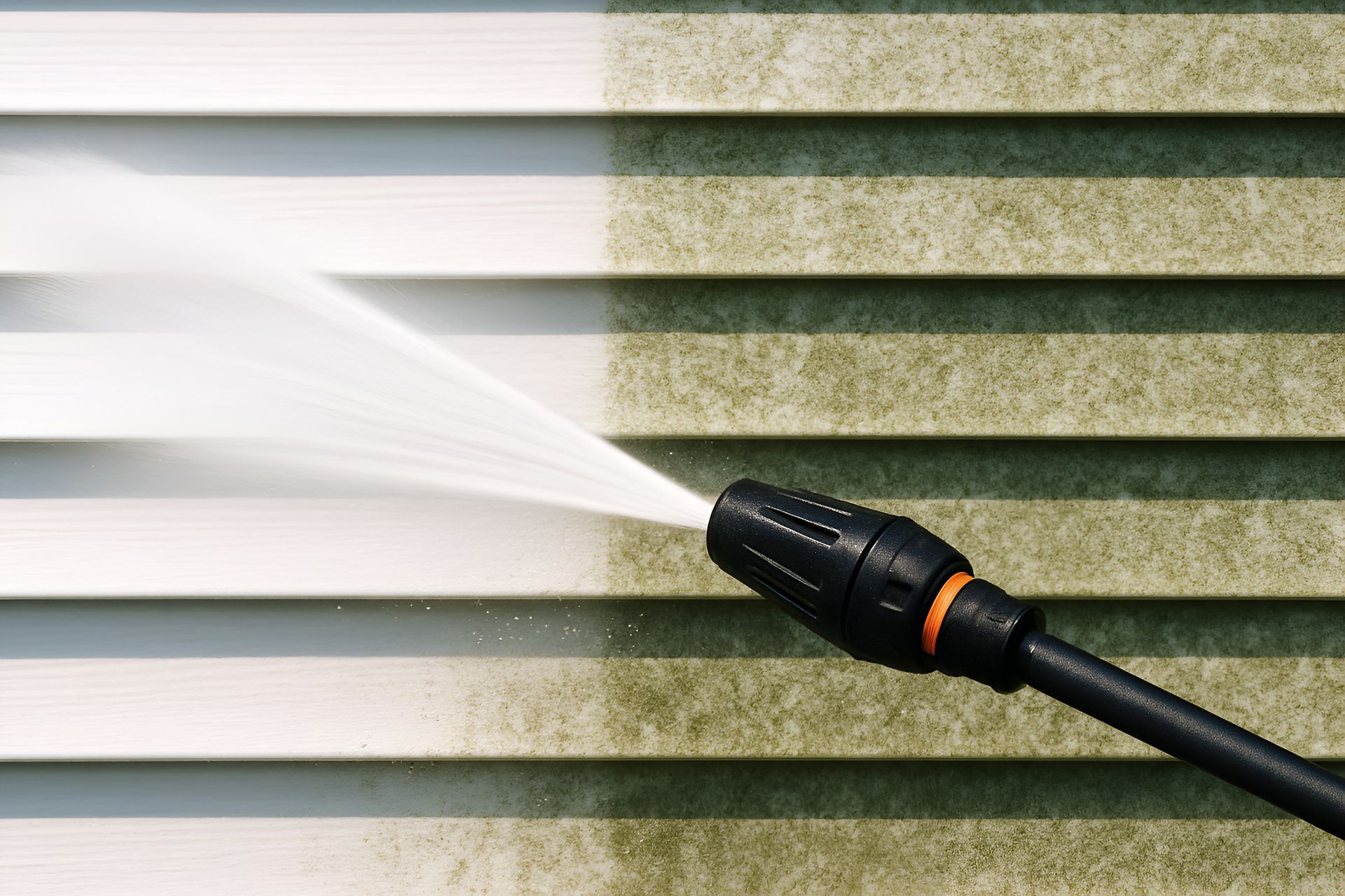 A person using a pressure washer with a soap attachment to clean light-colored vinyl siding on the side of a house.