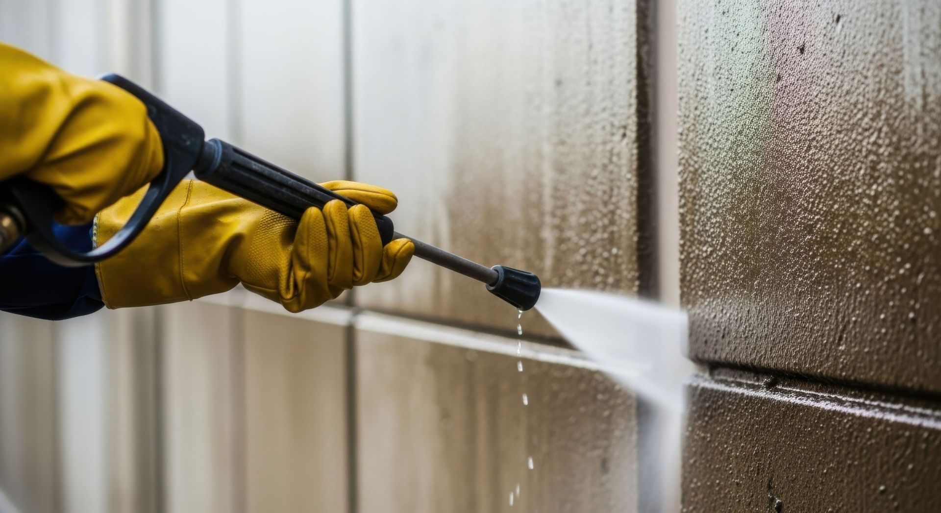 A pressure washer sprays water onto a wooden deck to clean its surface.