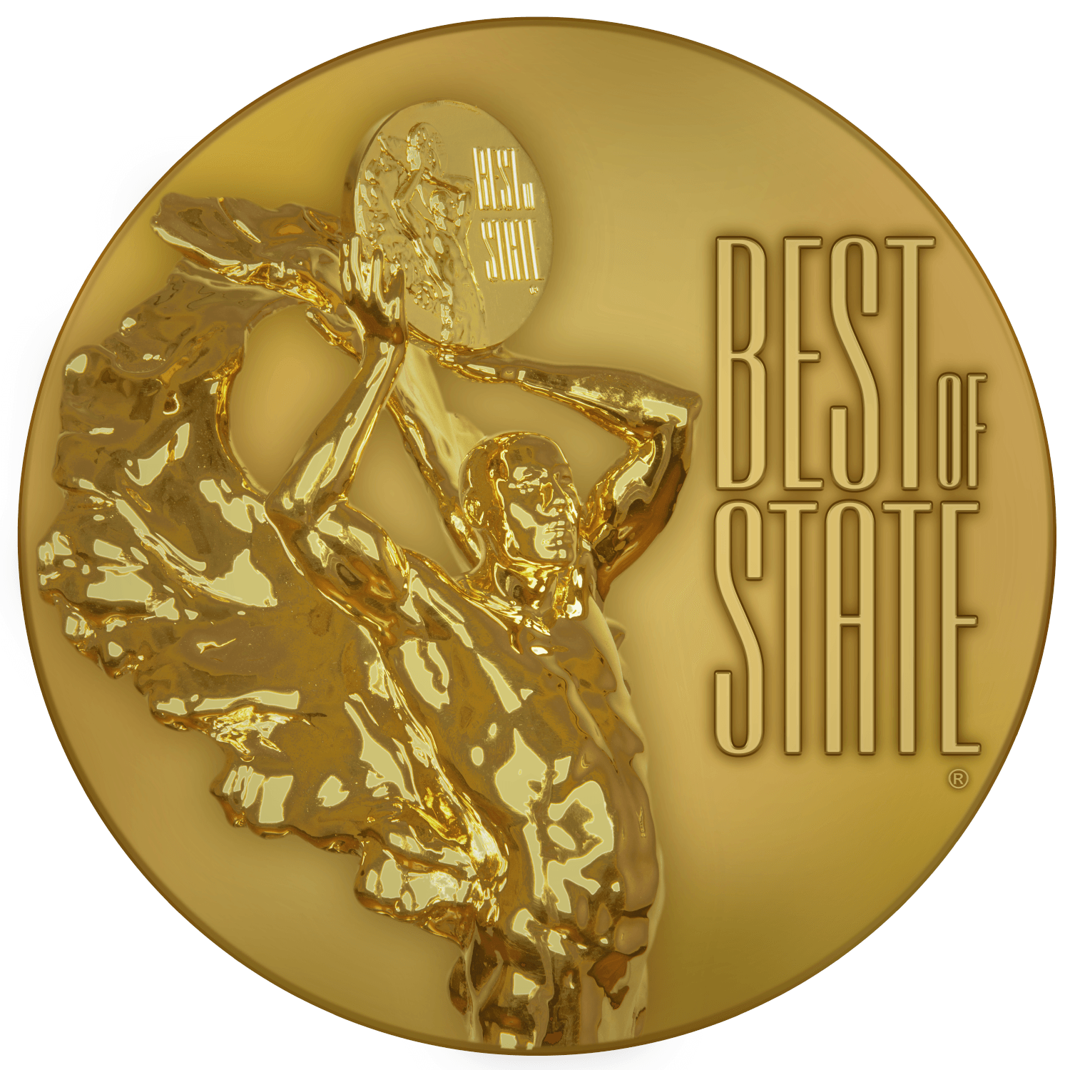 A gold coin that says best of state on it