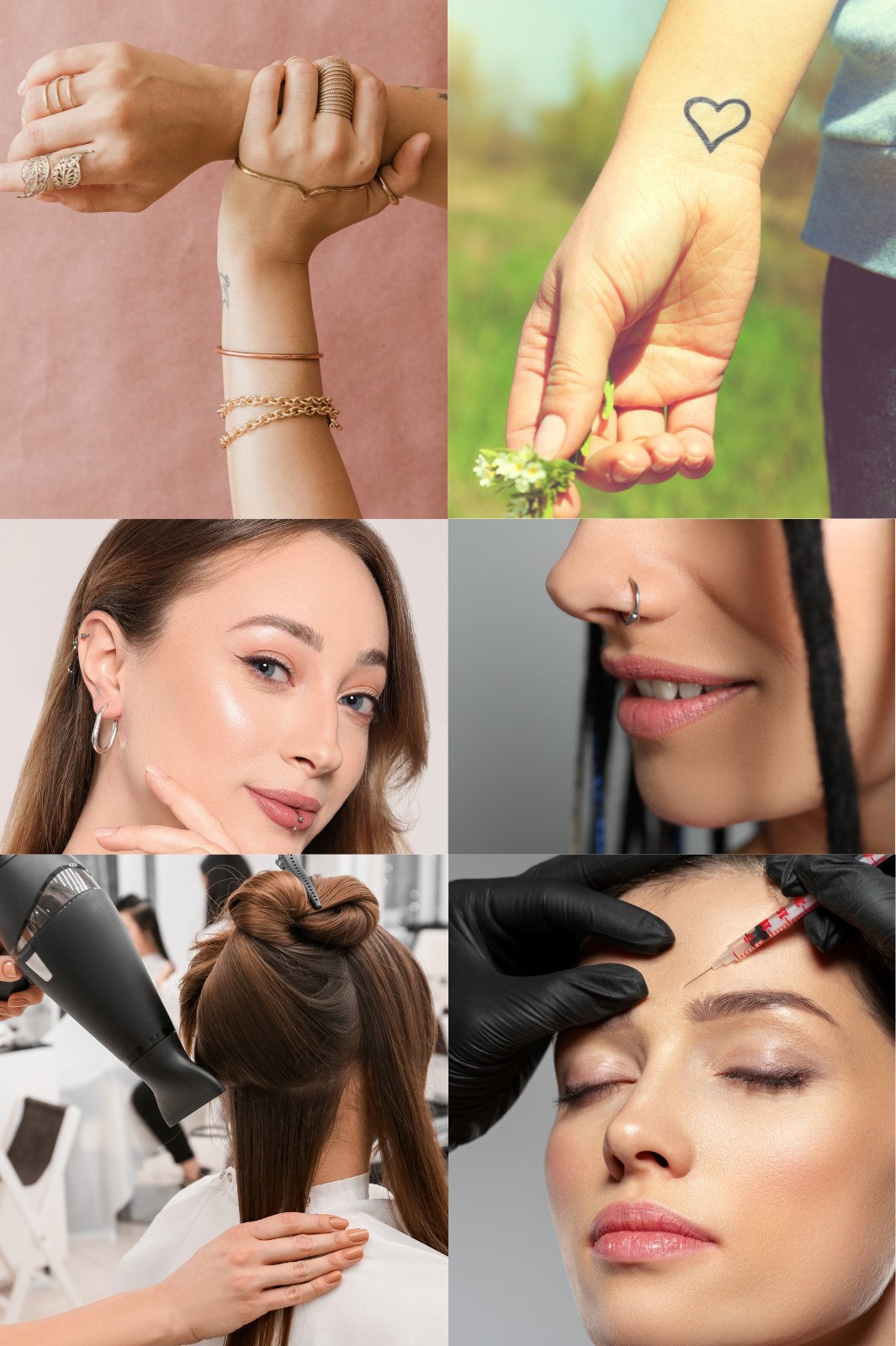 A collage of photos of a woman getting her hair done , getting a tattoo , and getting a nose ring.