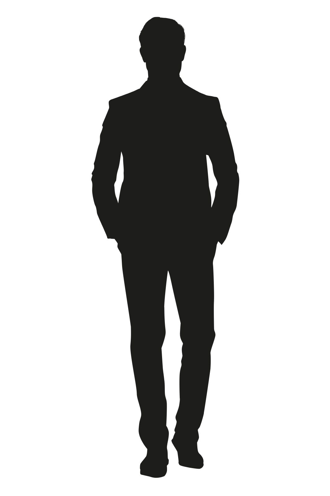 A silhouette of a man in a suit standing with his hands in his pockets.