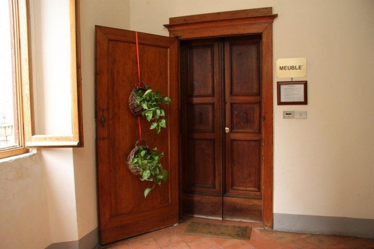 Antica doppia porta di legno decorata con piante