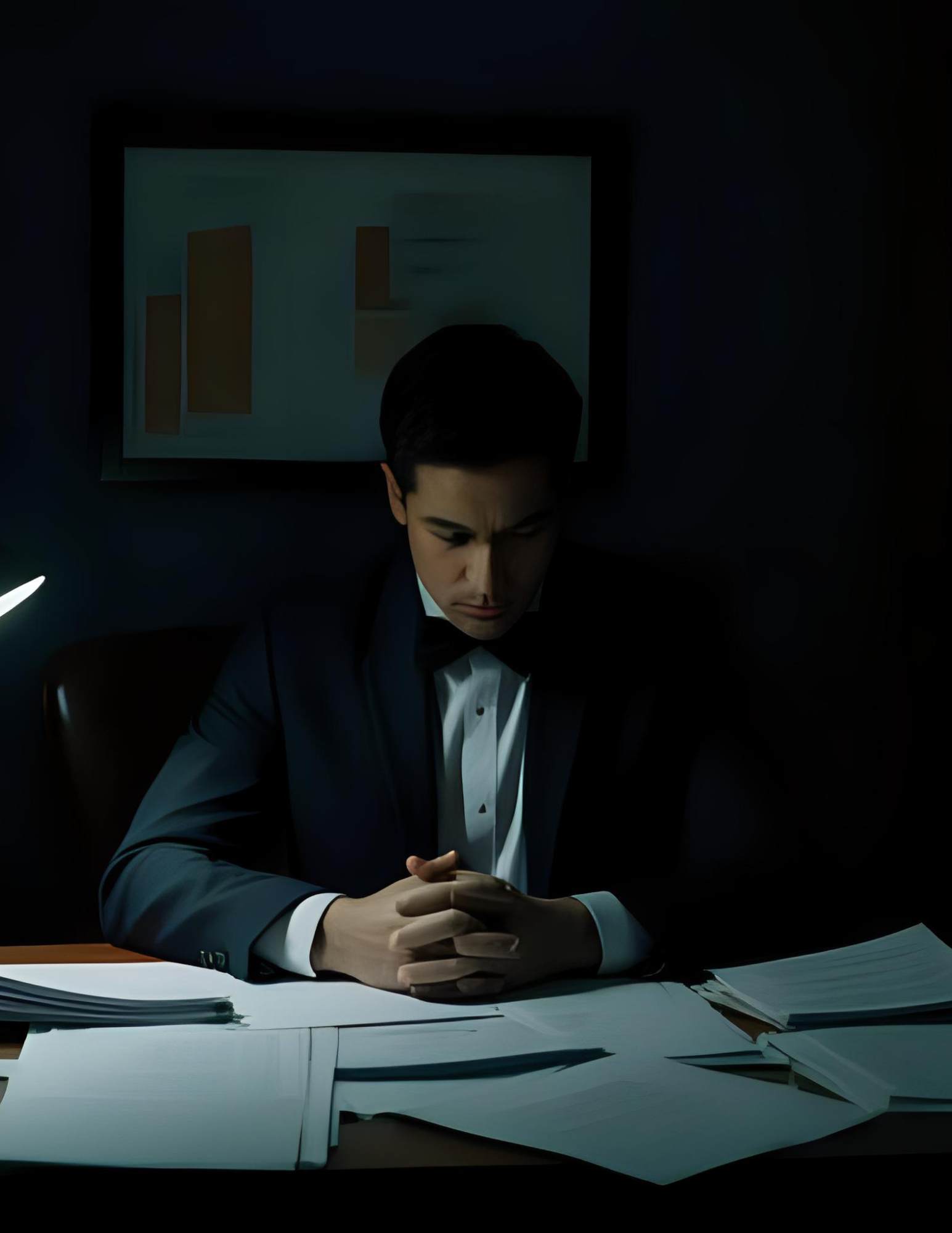 Man in a tuxedo, looking down at a document on a wooden table, hands clasped.