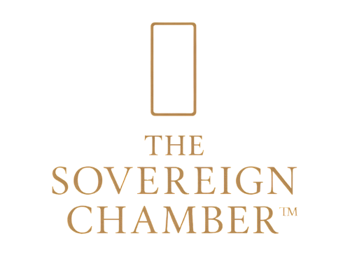 Logo for The Sovereign Chamber in gold, featuring a stylized rectangle above the text.