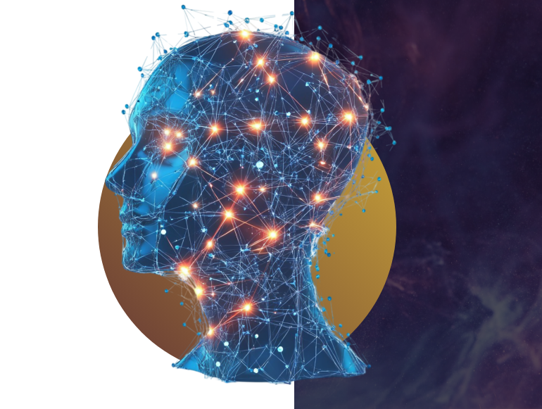 Blue wireframe head with illuminated nodes, overlaid on a gold circle, half white, half nebula background.