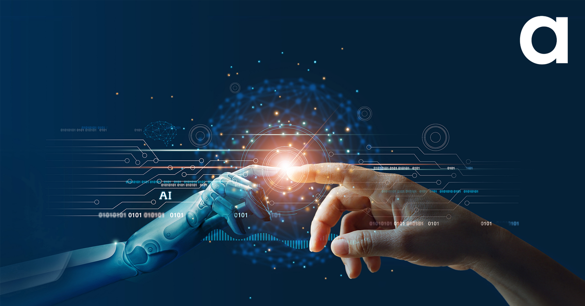 Human hand touching a robot hand, with a glowing orb between them. Blue background.