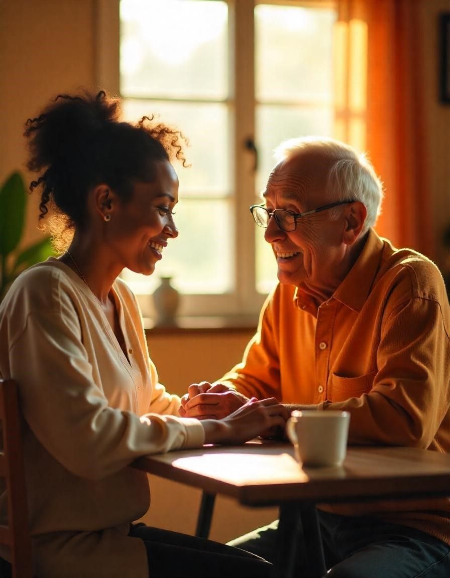 Woman and elderly man seated at table, holding hands, smiling, in a well-lit room.