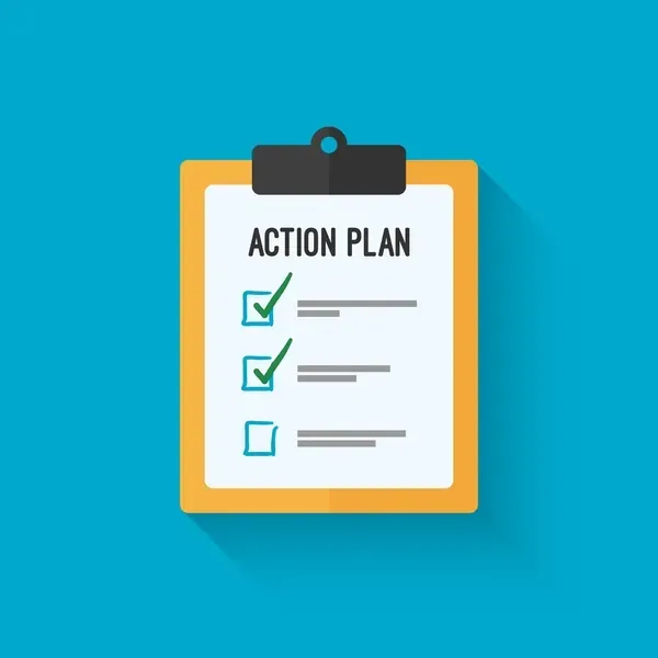 Action plan on a clipboard with two completed check marks.
