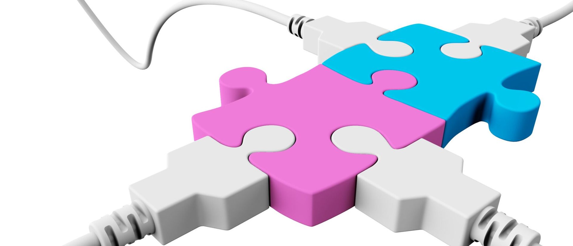 Three connected puzzle pieces, pink and blue, with white USB plugs.
