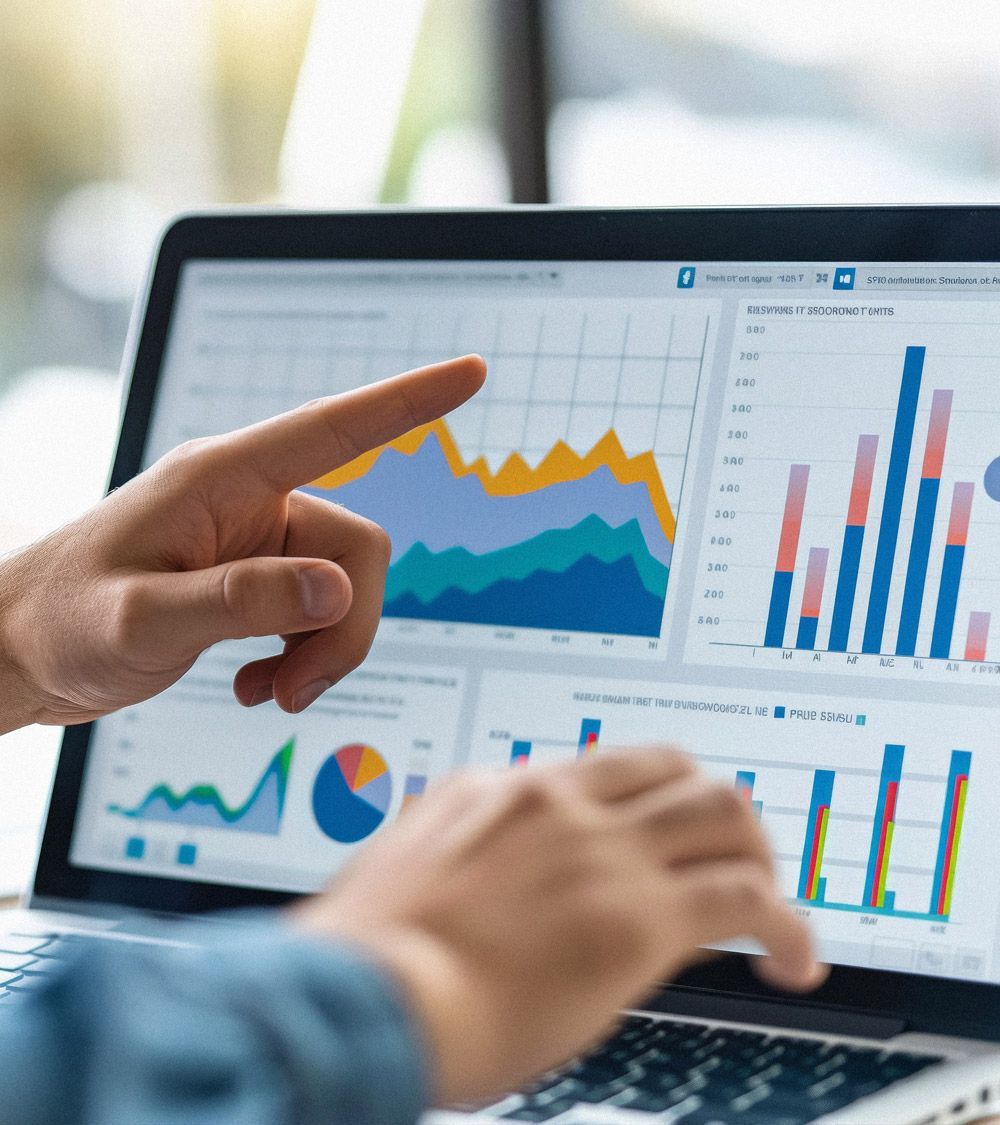 Person points at laptop screen displaying multiple charts and graphs.