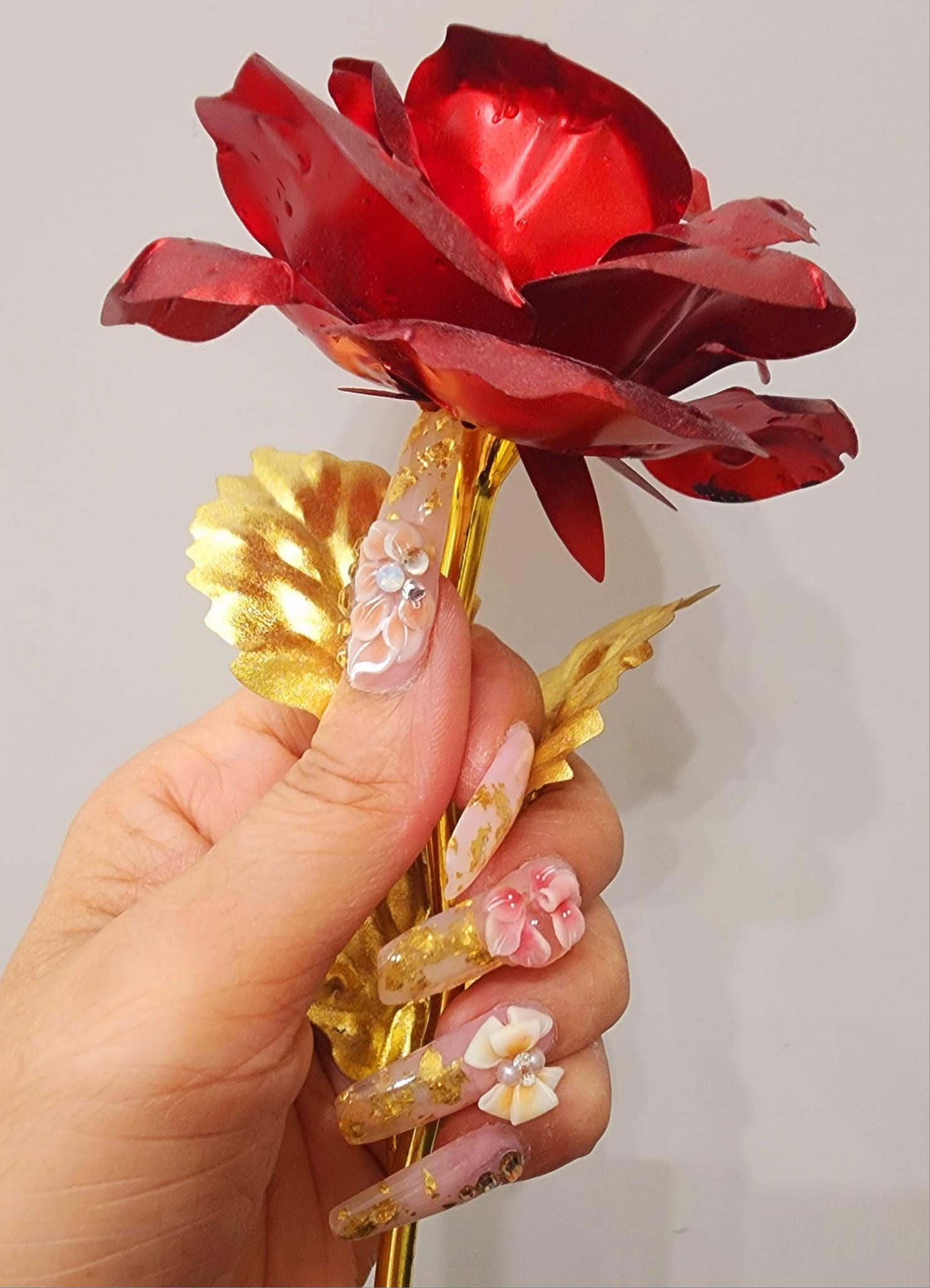 A person with long nails is holding a red rose.