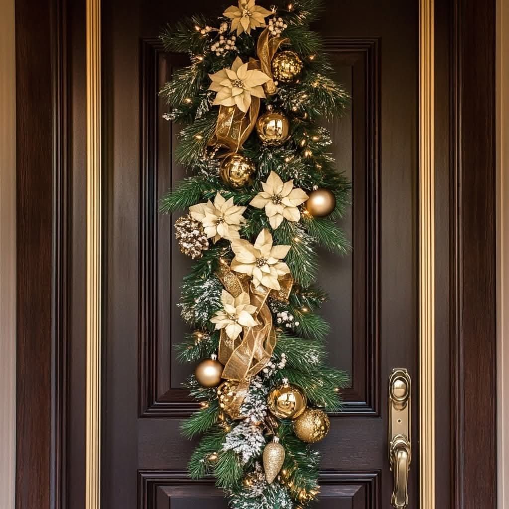 A christmas wreath is hanging on a brown door.