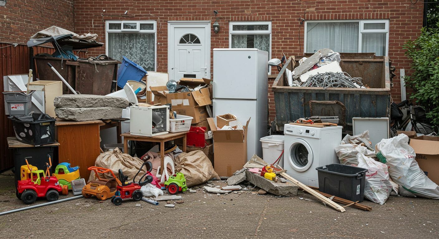 Cluttered alley with piles of discarded furniture, appliances, toys, and trash against a brick building
