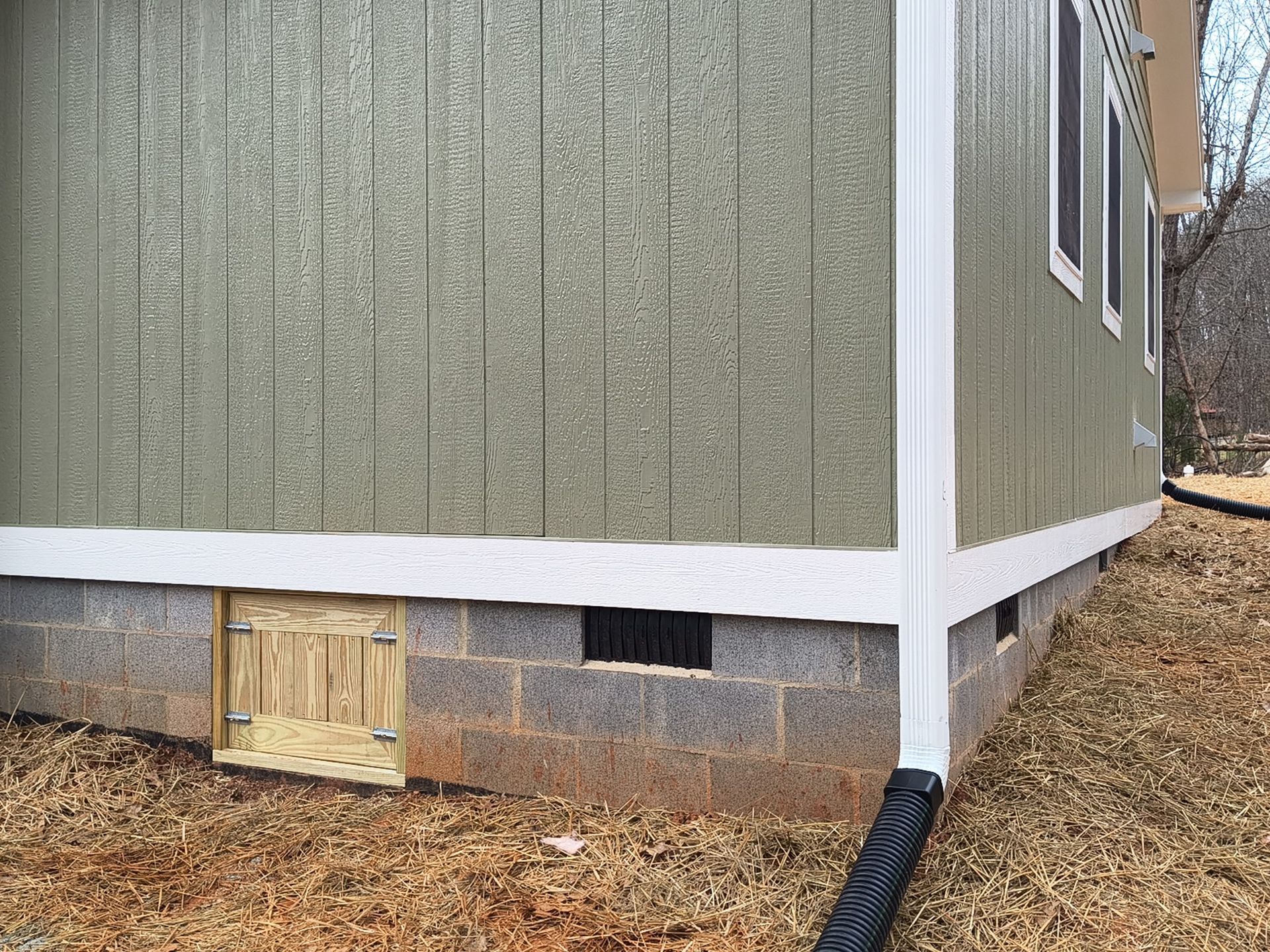 Corner of a house with olive-green vertical siding, white trim, a concrete block foundation, and a small crawlspace door.