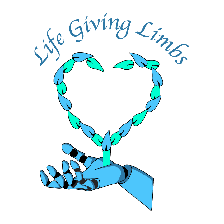 A logo for life giving limbs with a robotic hand holding a heart