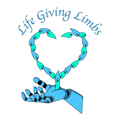 A logo for life giving limbs with a robotic hand holding a heart