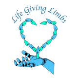 A logo for life giving limbs with a robotic hand holding a heart