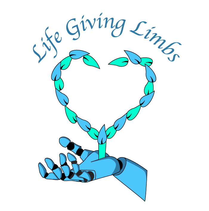 A logo for life giving limbs with a robotic hand holding a heart