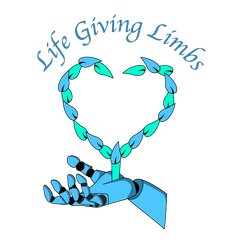 A logo for life giving limbs with a robotic hand holding a heart