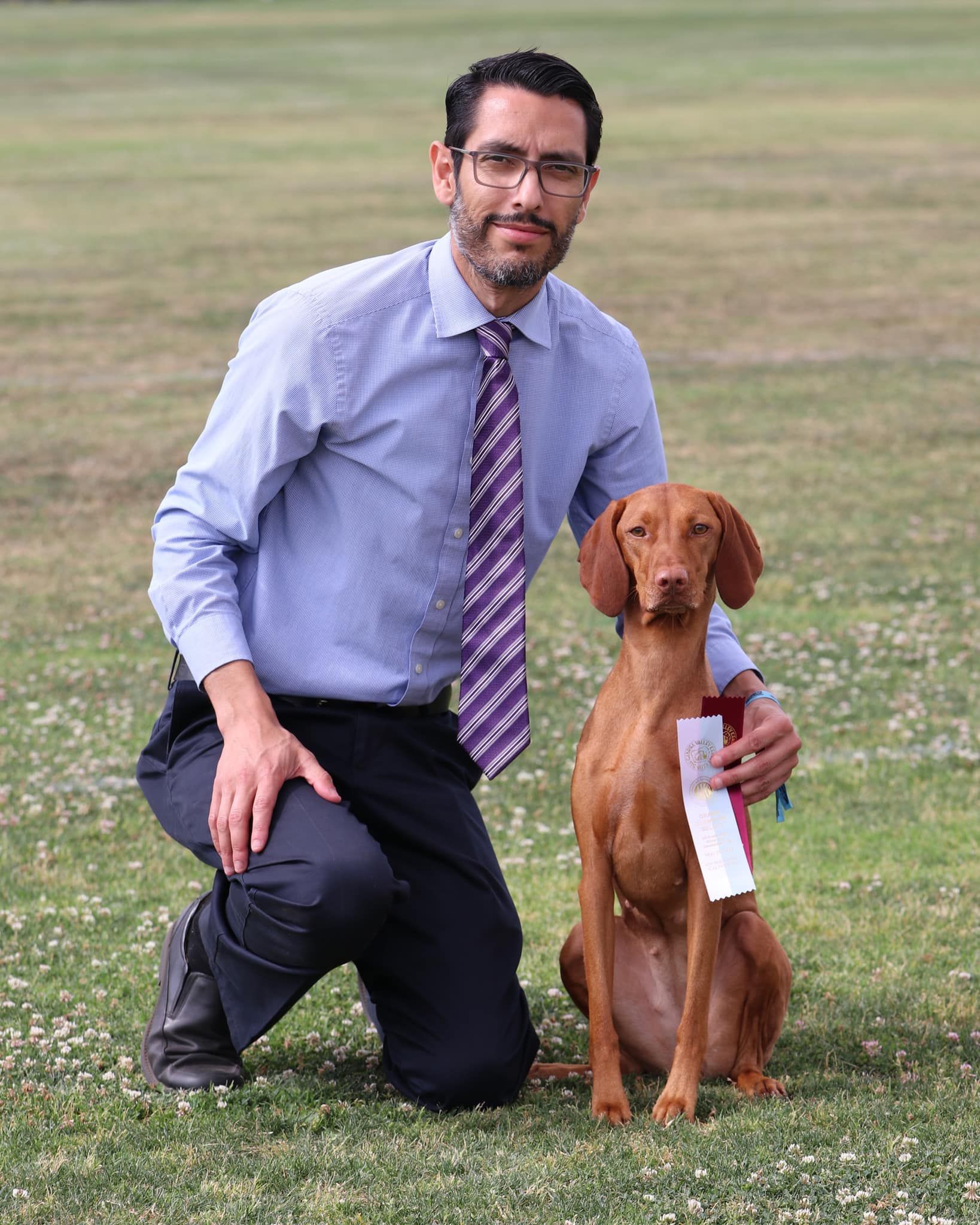 A man in a blue shirt and tie is kneeling next to a brown dog holding a ribbon.