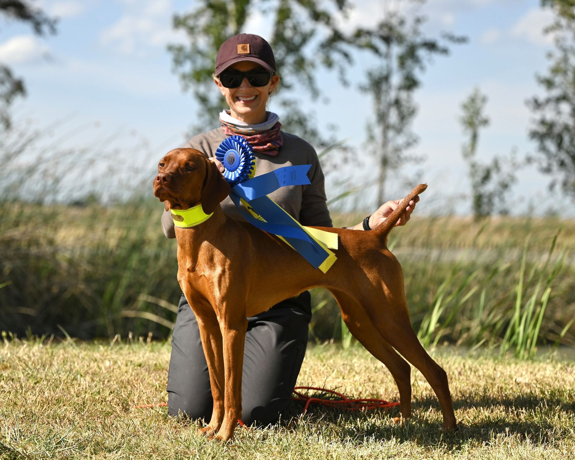 A woman is kneeling down next to a dog with a blue ribbon around its neck.