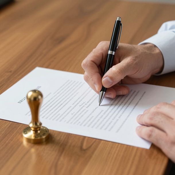Person signing a document with a pen, seal present on wooden desk.