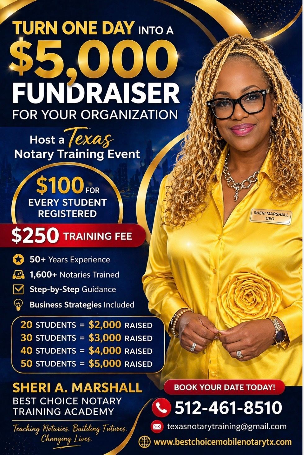 Advertisement for Best Choice Mobile Notary, a woman with a gold-themed background, list of services, contact information, and Texas notary seal.