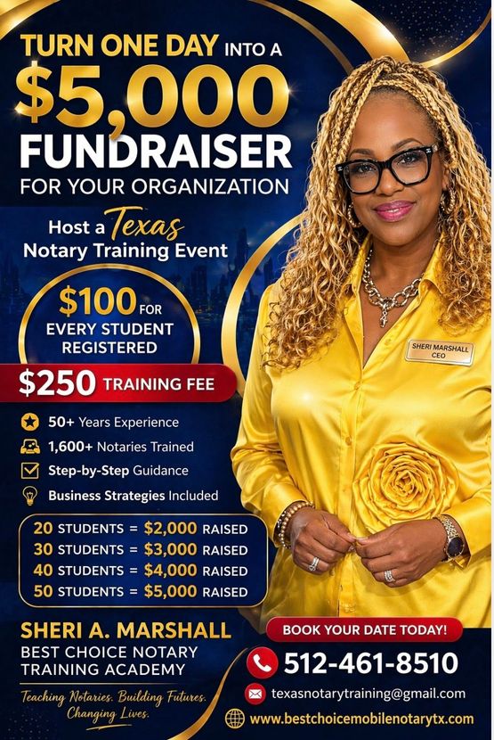 Advertisement for Best Choice Mobile Notary, a woman with a gold-themed background, list of services, contact information, and Texas notary seal.