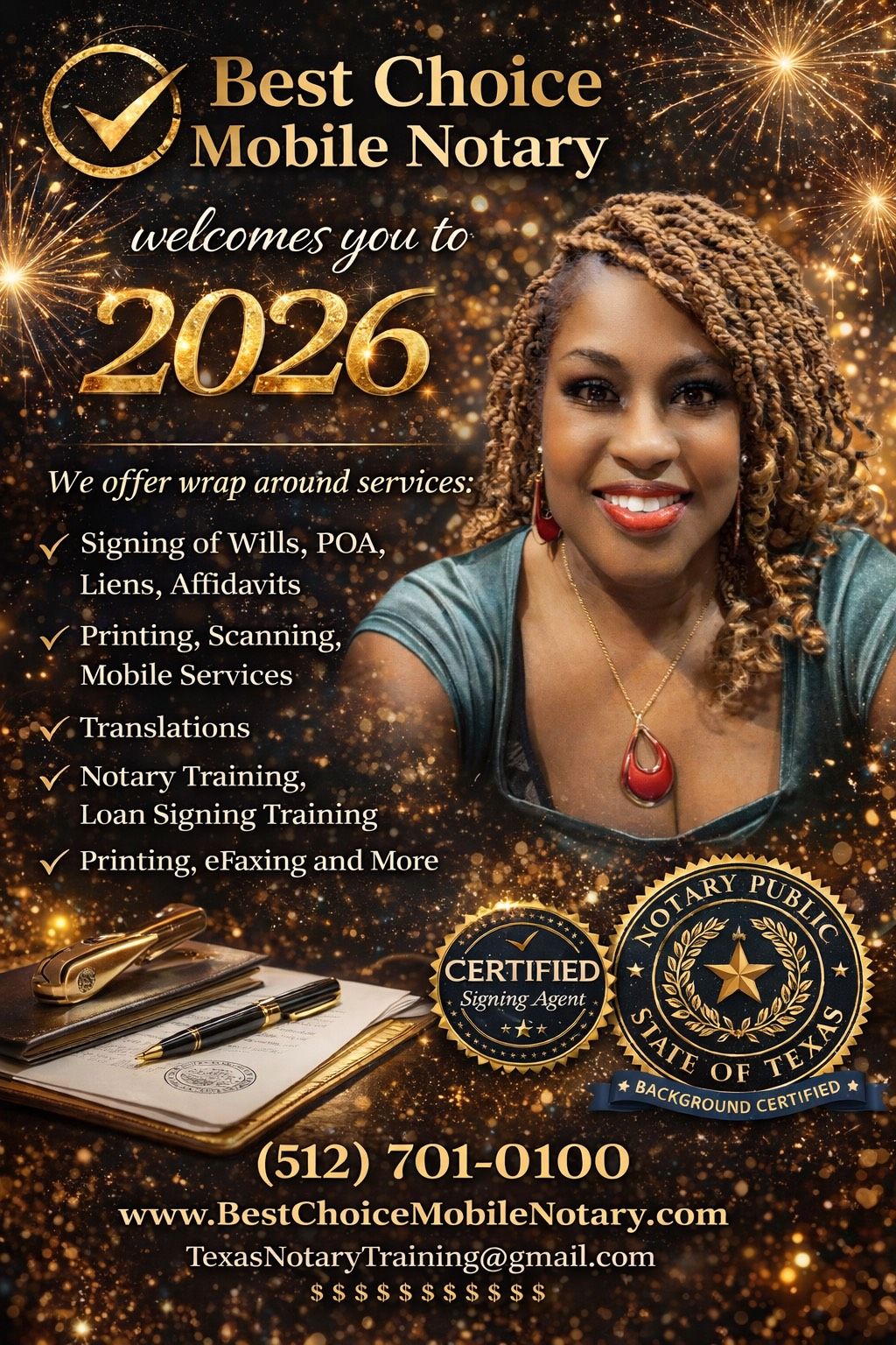 Advertisement for Best Choice Mobile Notary, a woman with a gold-themed background, list of services, contact information, and Texas notary seal.