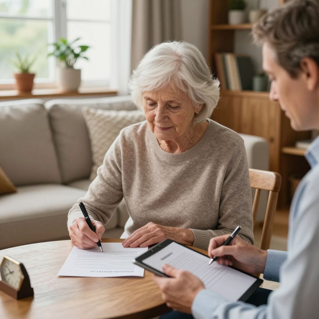 Woman signing document at table with assistance of another person.