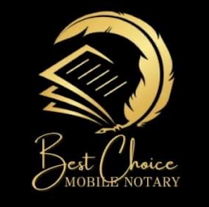 Gold logo: Feather and stack of papers with